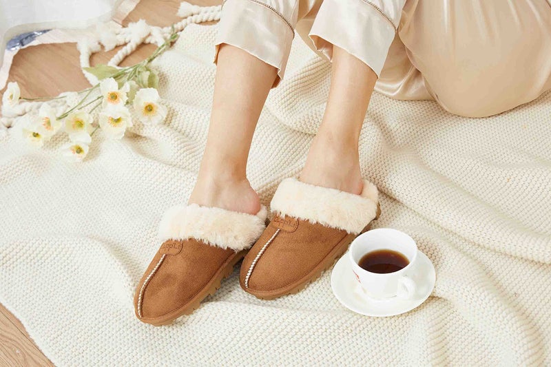 CLPP'LI Womens Slip on Faux Fur Warm Winter Mules Fluffy Suede Comfy Slippers-Tan-6 - Image 4